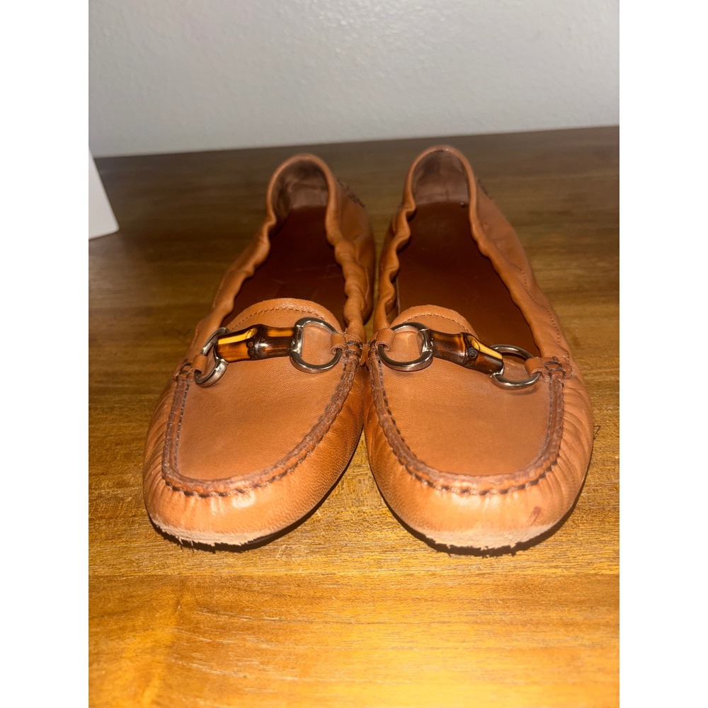GUCCI LEATHER DRIVING BAMBOO HORSEBIT LOAFER TAN SIZE 36.5 EU / 6.5 US